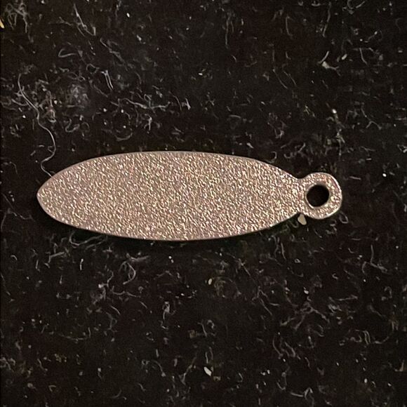 1” silver tone and white enamel charm/pendant embossed “Caroline” & jump hoop - Picture 6 of 9